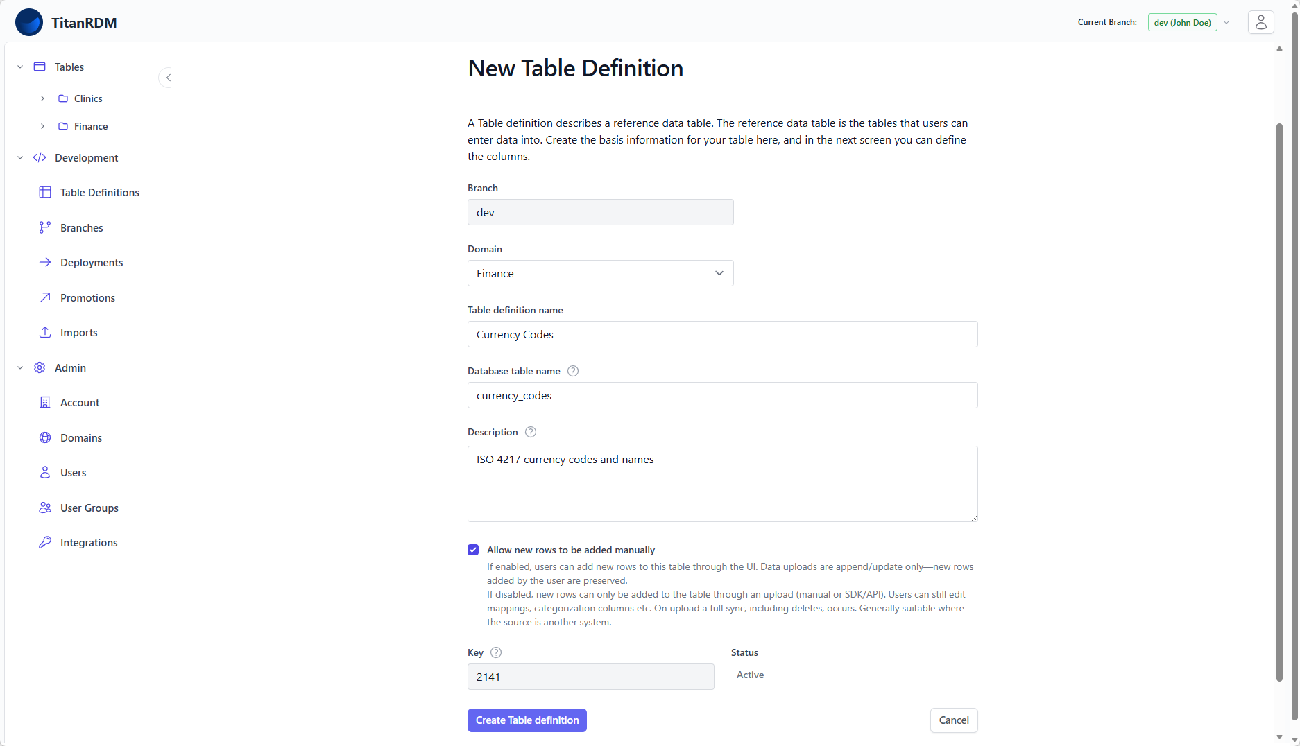Create table definition form