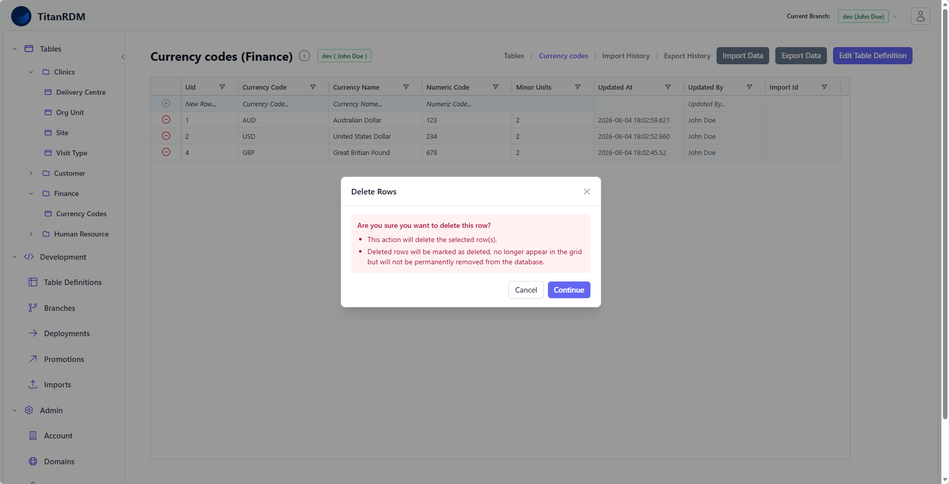 Delete rows confirmation