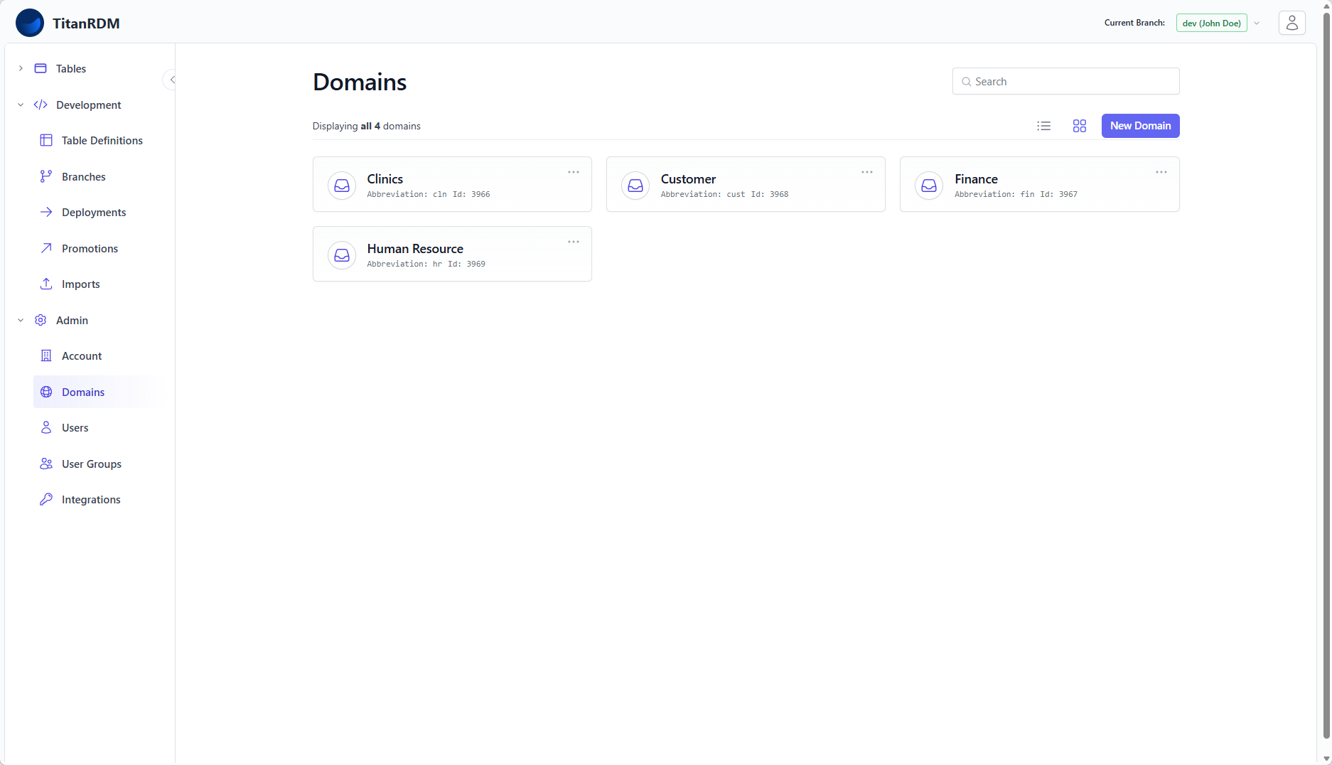 Domains list page
