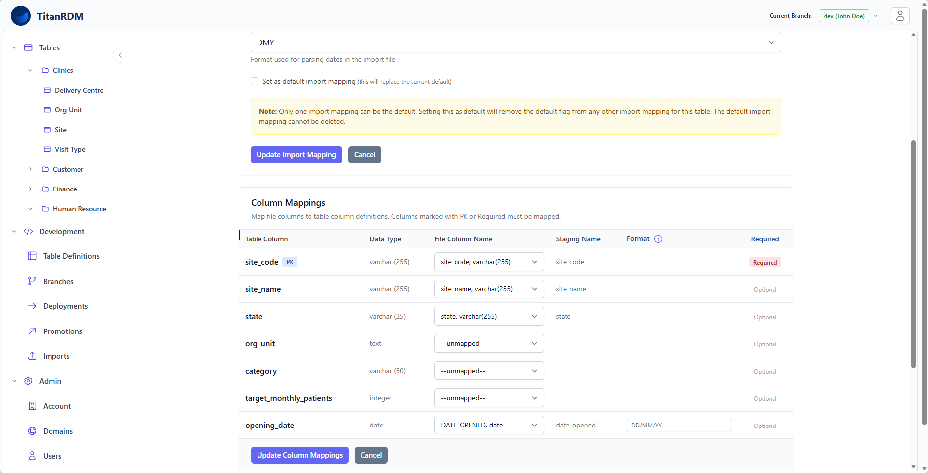 Import mapping column editor