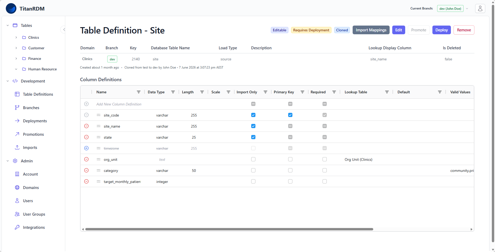 Table definition show page